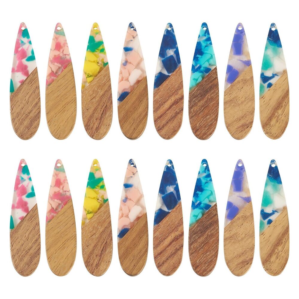 2214 16Pcs Vintage Resin Wooden Pendants Tear Drop Resin Walnut Wooden